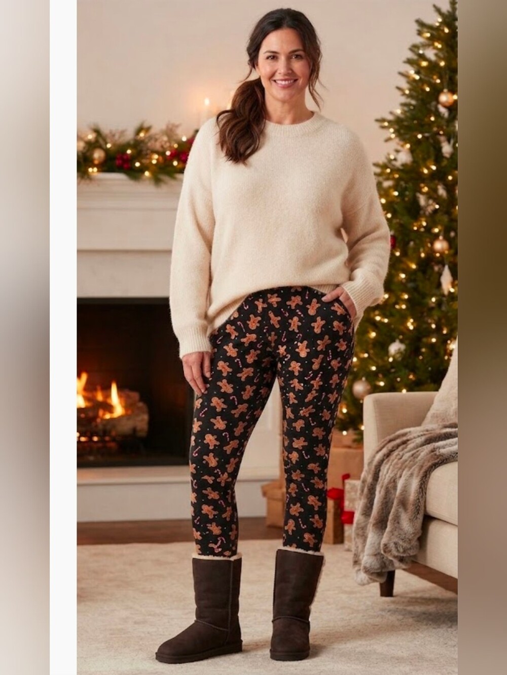 Bobbie Brooks Christmas Gingerbread Man Holiday Black Leggings XL